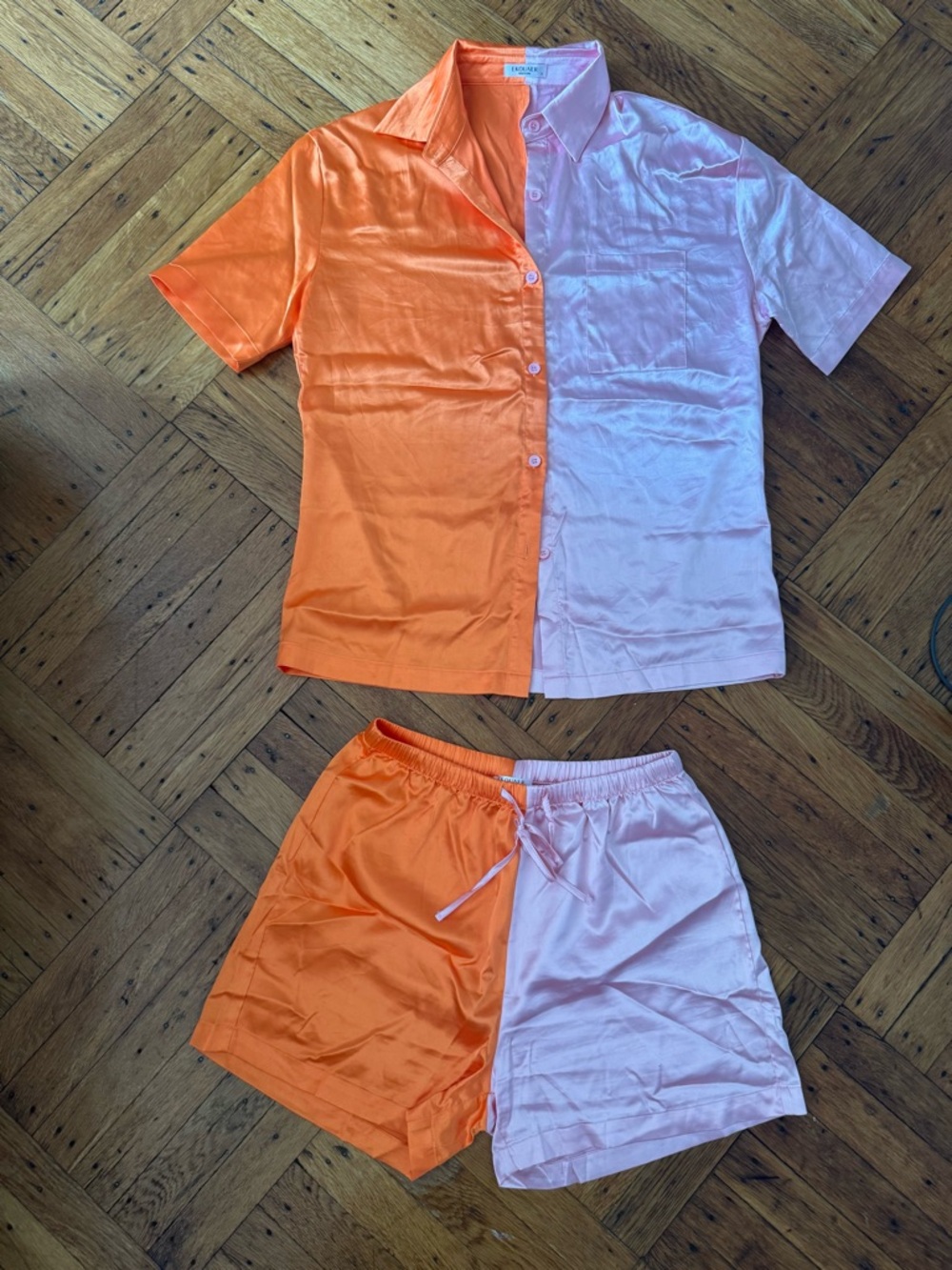 Split-Color Satin Pajama Set - Orange & Light Pink